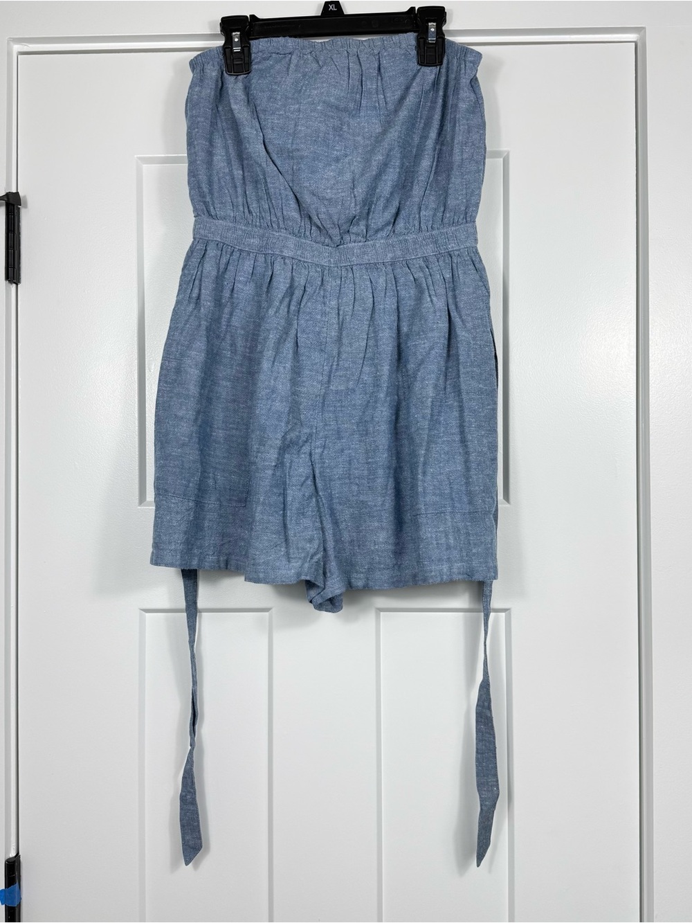 NWT American Eagle Strapless Romper Tie Waist Cotton Linen Blend Blue Small